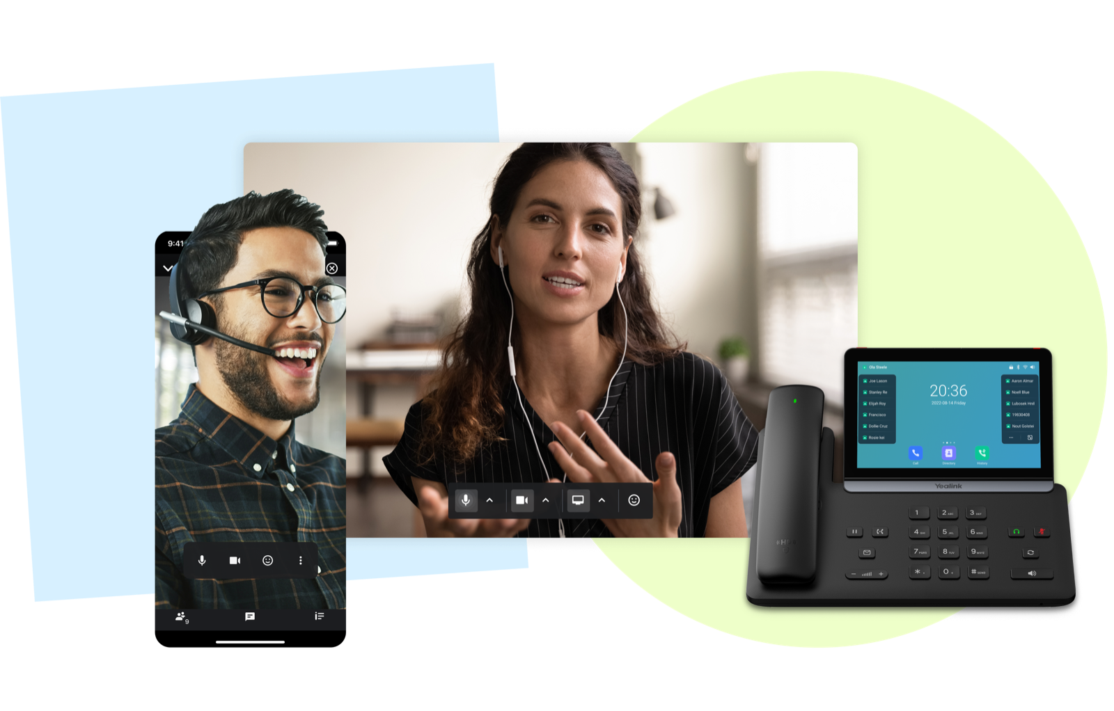 People collaborating by video, mobile app, headset, and desk phone