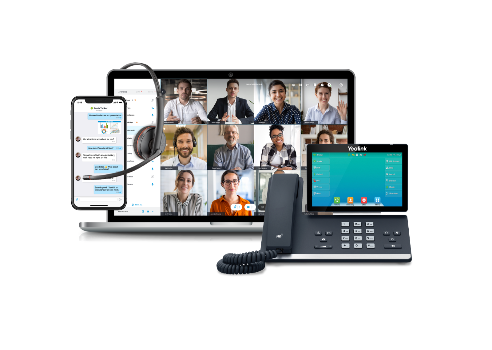 Business communications across a laptop, mobile phone, headset, and desk phone